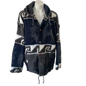 Vintage Genesis Alpaca Hooded Cardigan Sweater Jacket XL Blue Brown White Wool